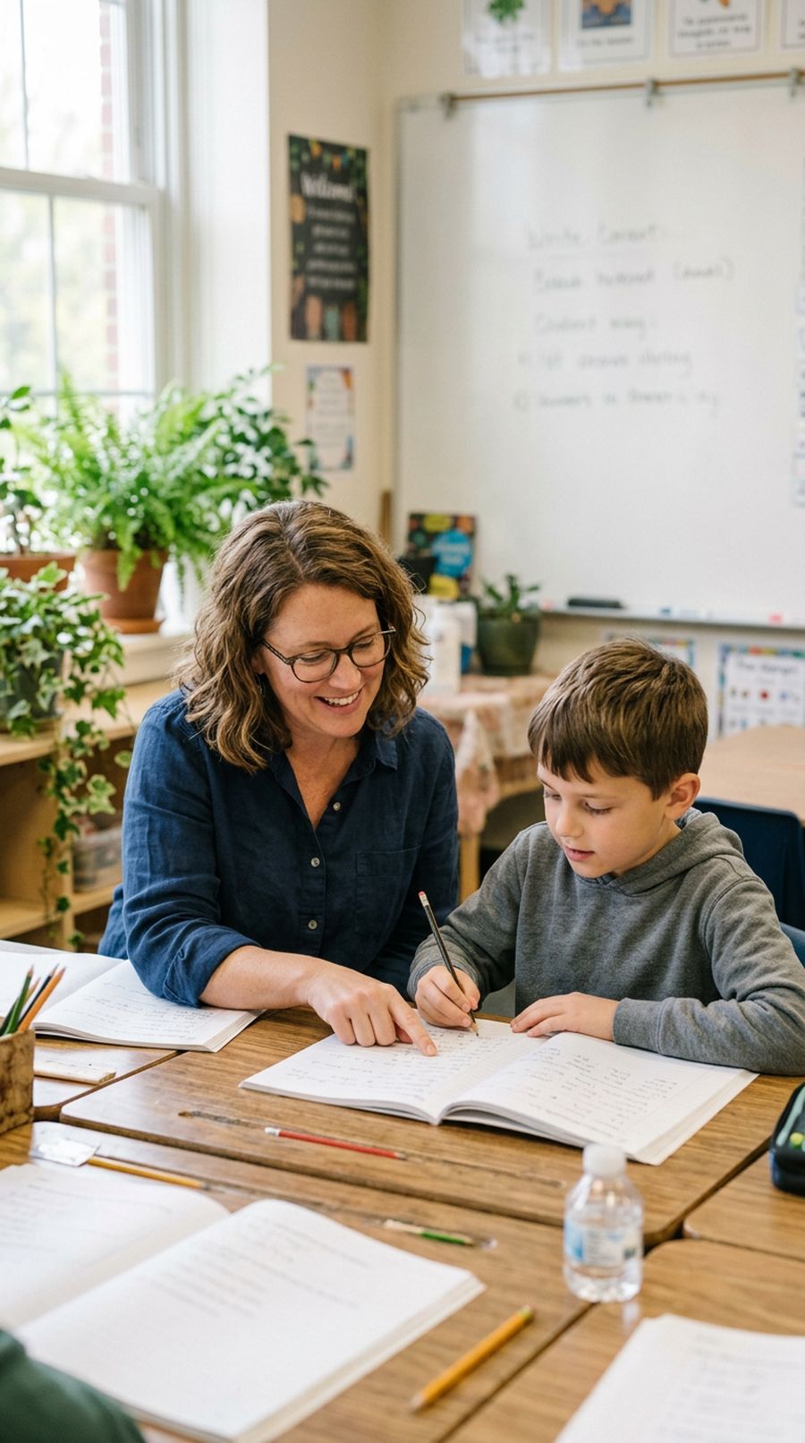 Teacher helping a boy with his English workbook (stand-in photo)