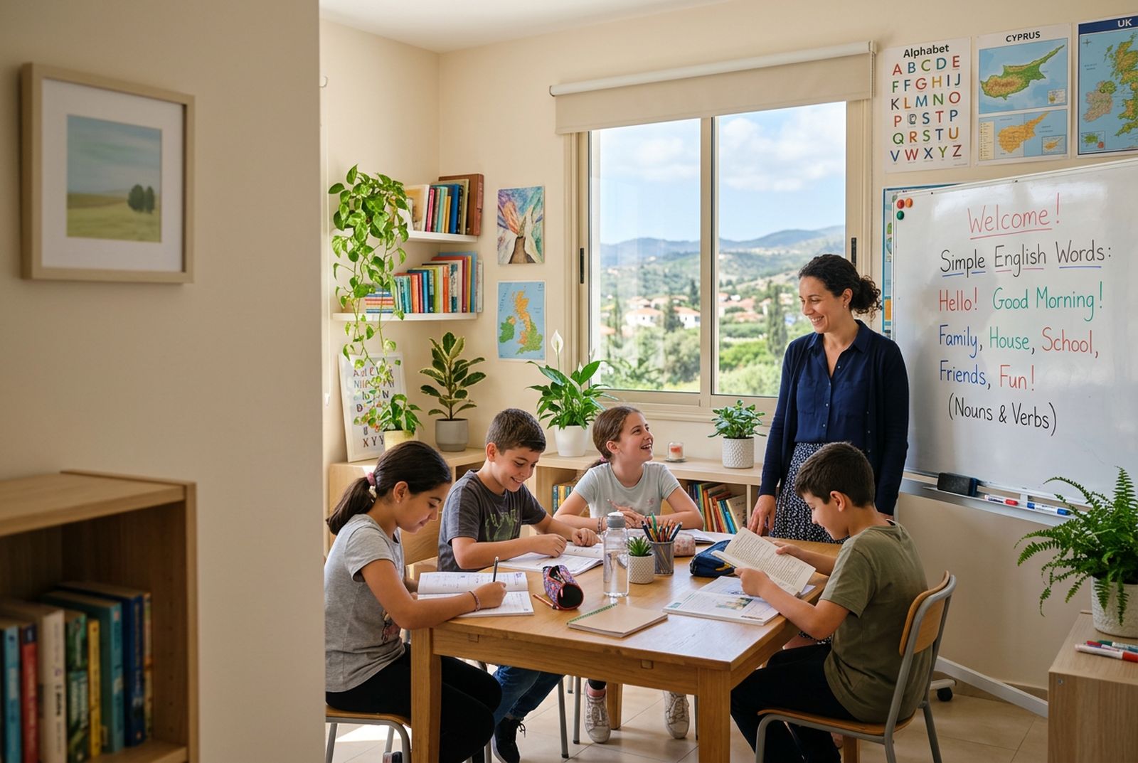 Teacher leading a small English class of four children around a table (stand-in photo)