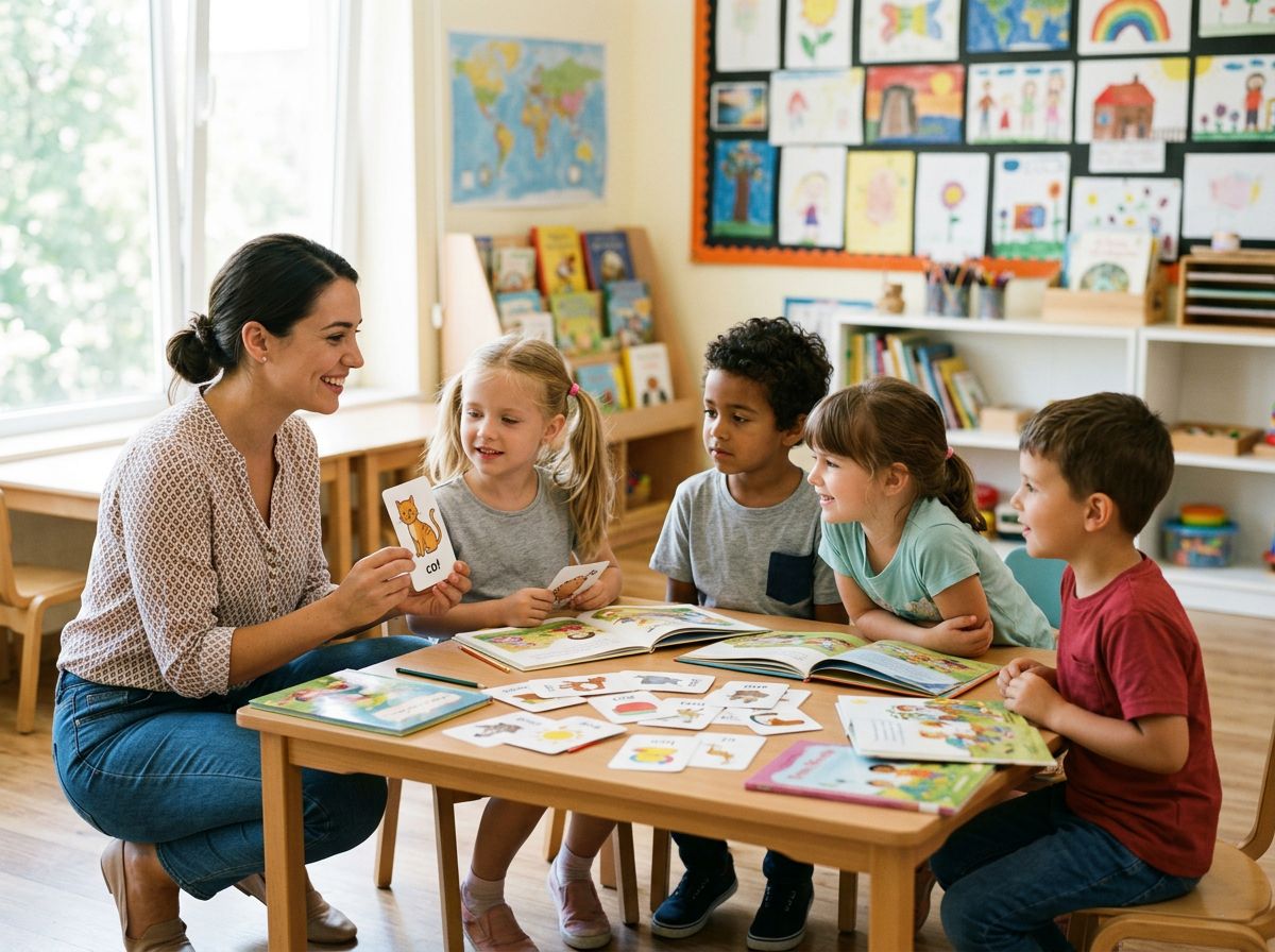 Young children learning English words with picture cards (stand-in photo)
