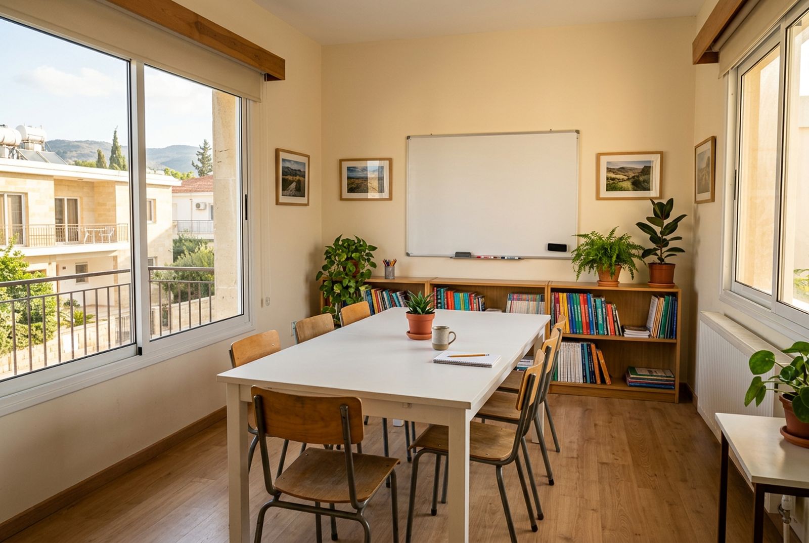 Bright, tidy classroom with a long table, whiteboard and bookshelf (stand-in photo)